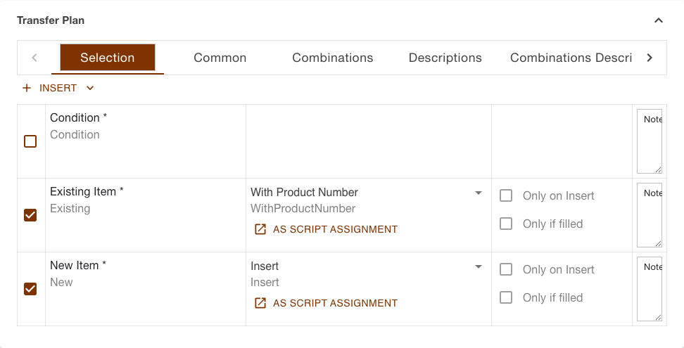 Transfer plan of the products download task with the section bar and the opened Selection section