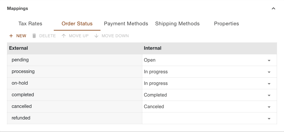Order status tab of the WooCommerce channel with six pre-filled rows, refunded among them without an internal counterpart