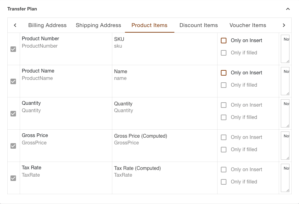 Transfer plan of the orders download task with the Product Items section open and the section bar scrolled along