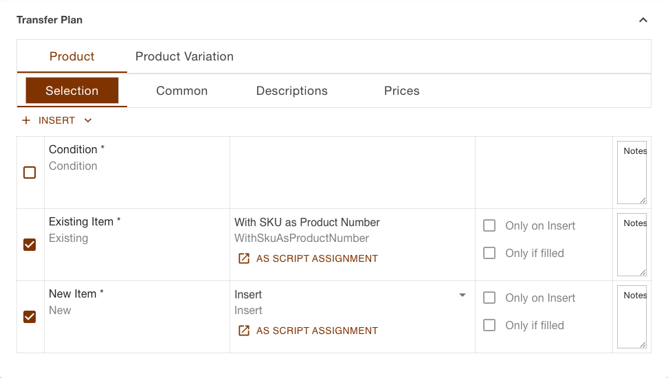 Transfer plan of the products download task with the plans Product and Product Variation and the opened Selection section