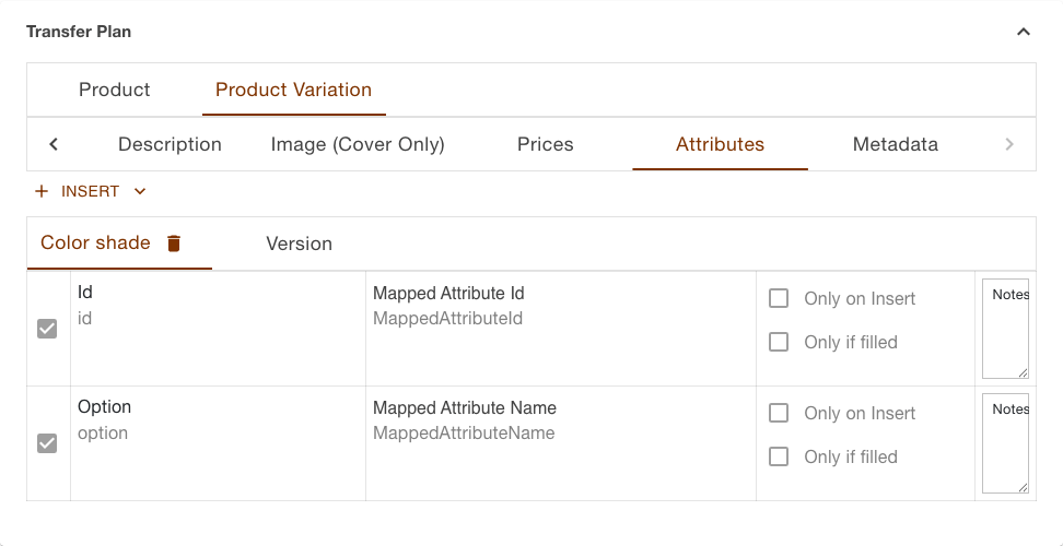 Transfer plan of the products upload task with the Product Variation plan selected and the Attributes section open, holding the two axes Color shade and Version