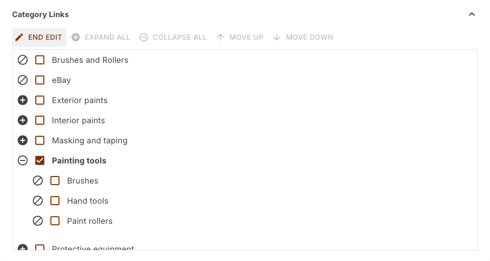 Category links section after Edit, with the full tree and checkboxes