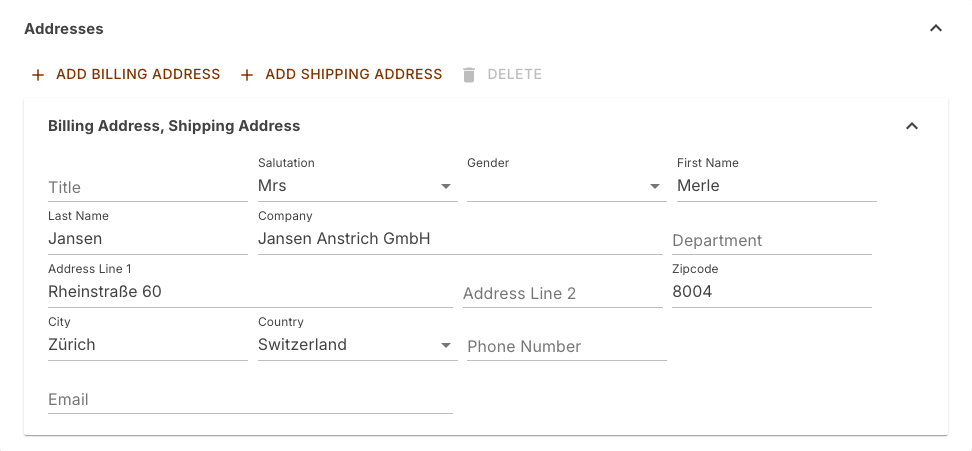 Addresses section with one address that is billing and shipping address at once