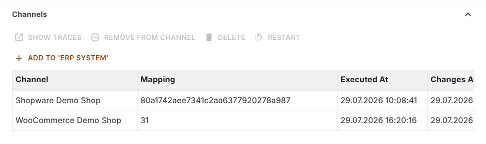 Channels section of the customer with its channel mappings