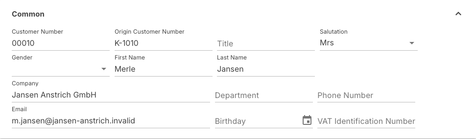 Common section with customer number, salutation and name fields