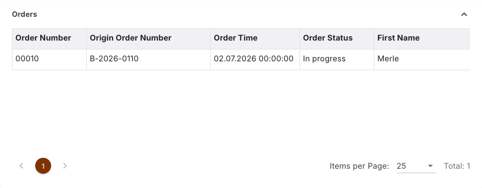 Orders section with this customer's single order