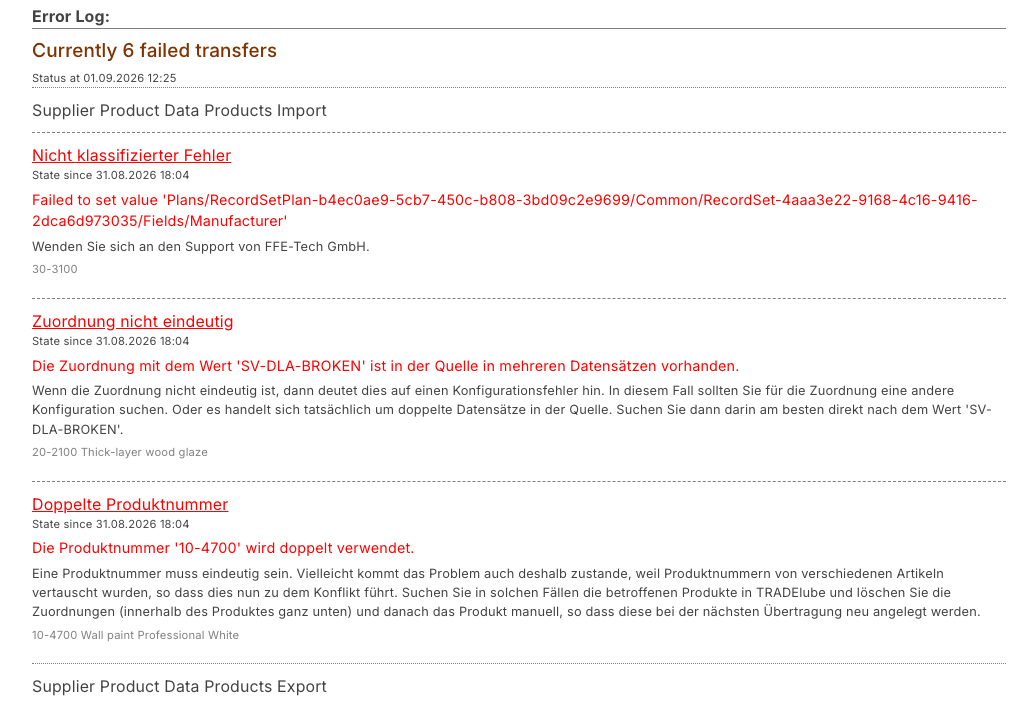 The error log with three failed transfers and the storage consumption below it