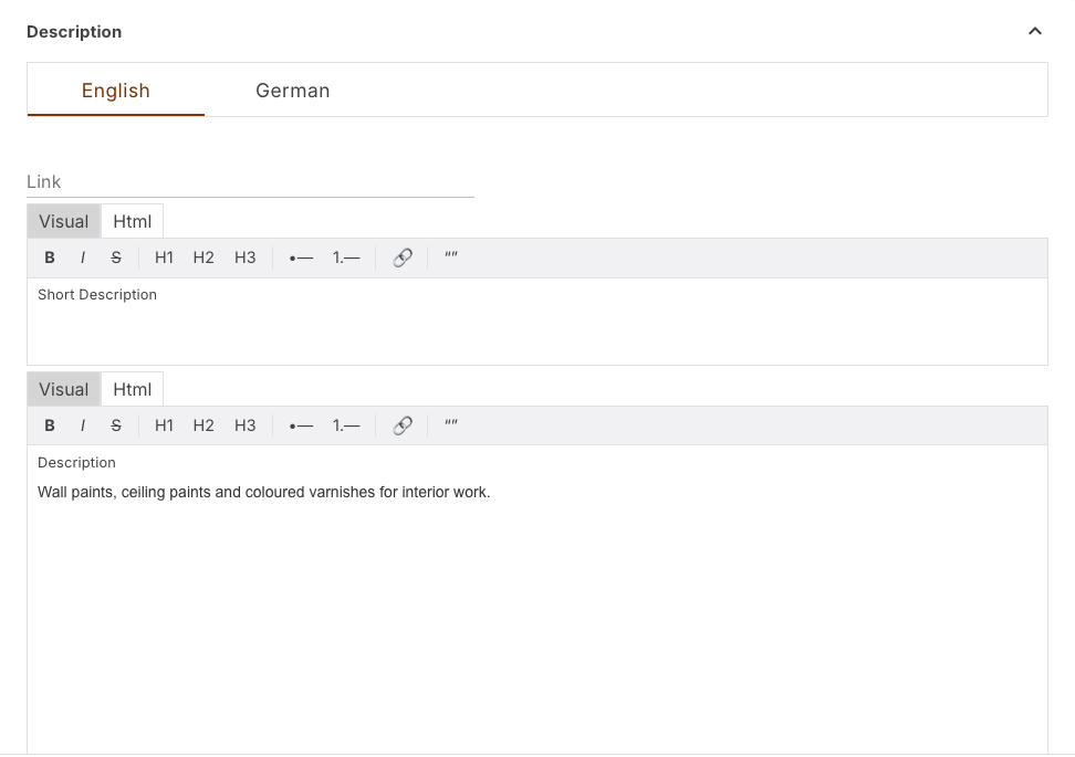 Description section with the English and German language tabs and the Link field