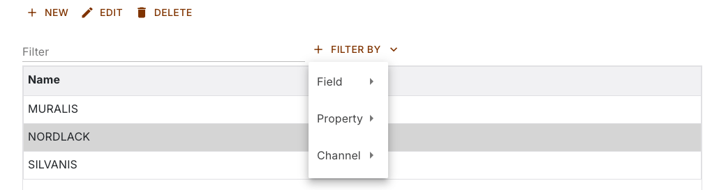 Opened Filter By menu with the three groups Field, Property and Channel