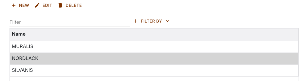 Manufacturer list with the NORDLACK row selected and the New, Edit and Delete buttons