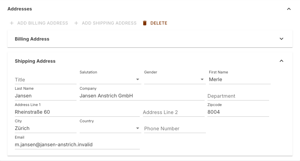 Addresses section with the billing address expanded and the shipping address collapsed