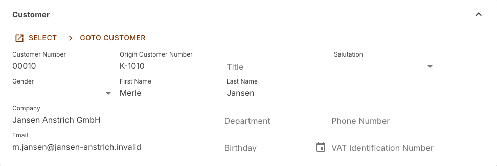 Customer section with customer number, salutation and name fields