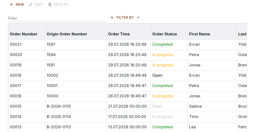 Order list with the toolbar, the filter field and the first eight columns