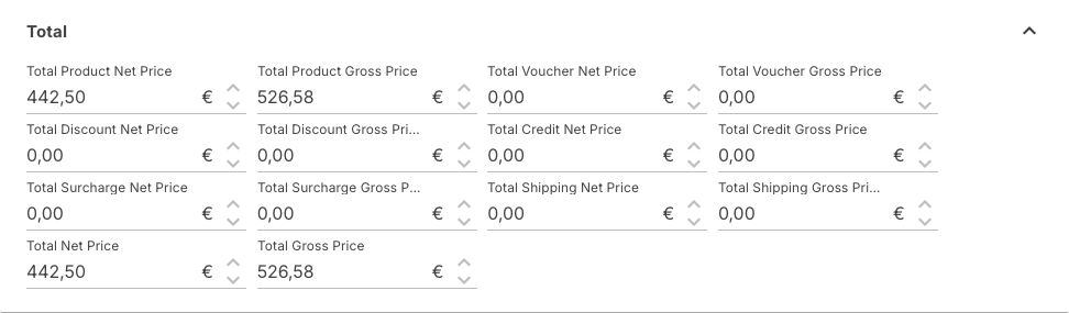 Total section with the seven net and gross amount pairs