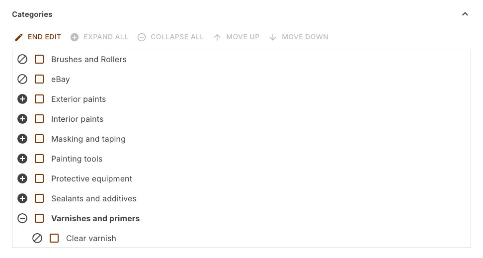 Categories section after Edit, with the full tree and checkboxes