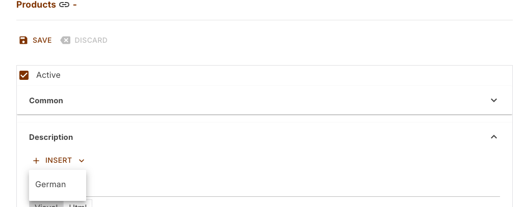 Description section of a new product with the open menu of the Insert button and without language tabs