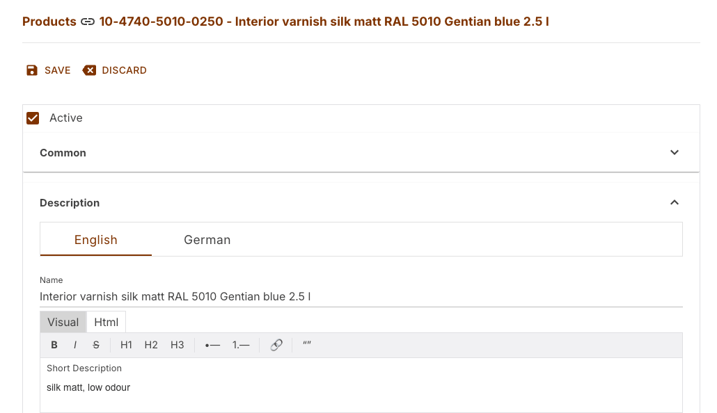 Description section with the English and German language tabs