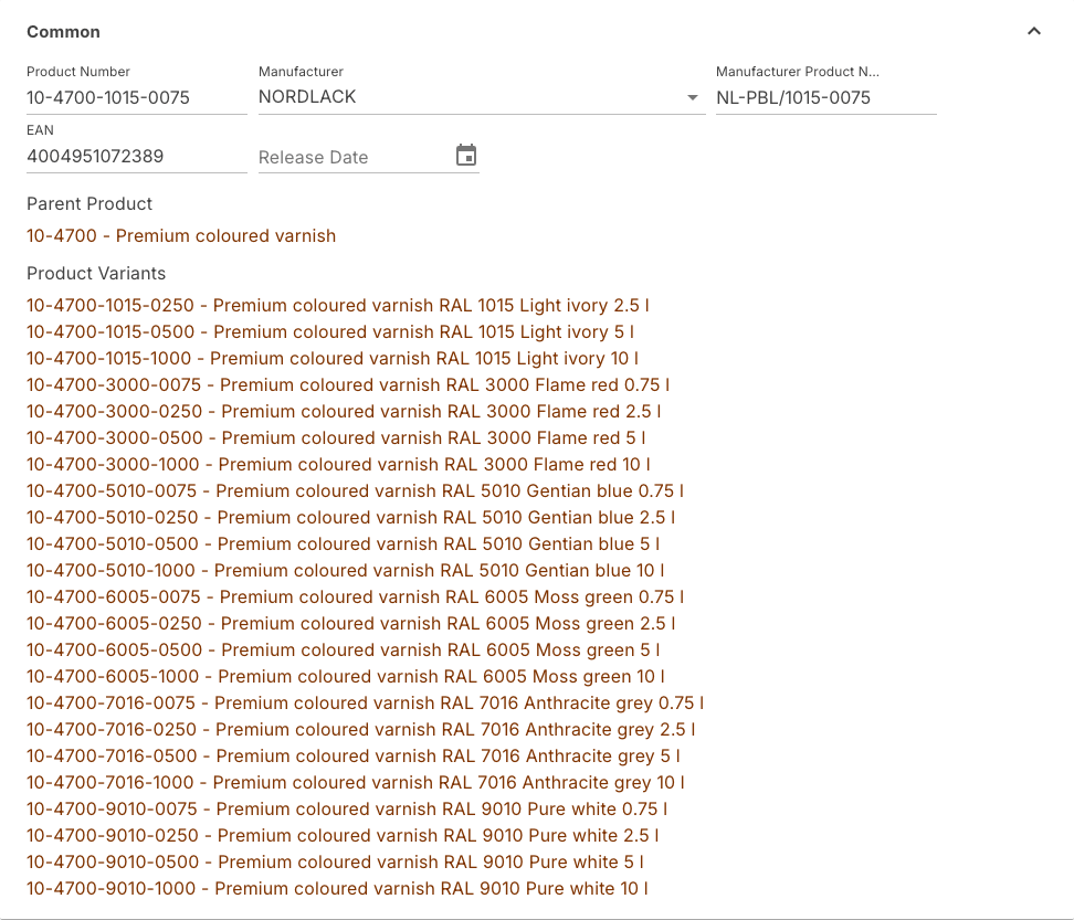 Common section of a variant with parent product and the list of product variants