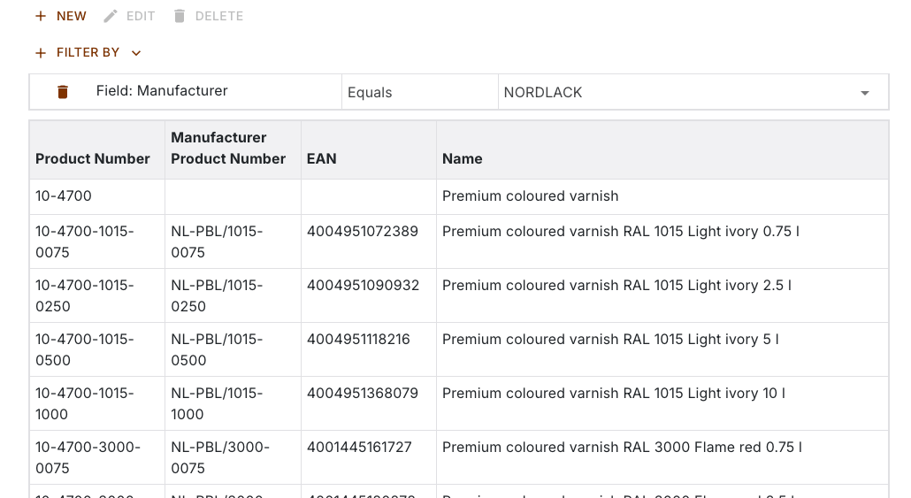 Product list with the condition Field Manufacturer equals NORDLACK, the Filter field is gone