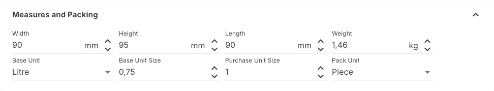 Measures and Packing section with the dimensions, the weight and the units