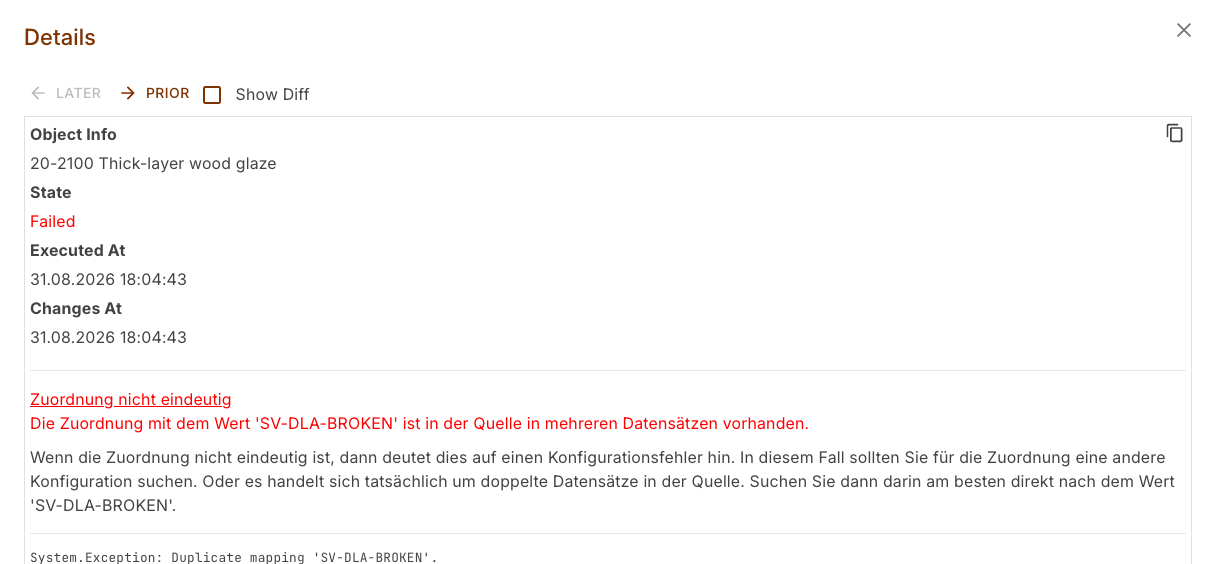 The Details dialog with the Show Diff checkbox, object info, state and error message