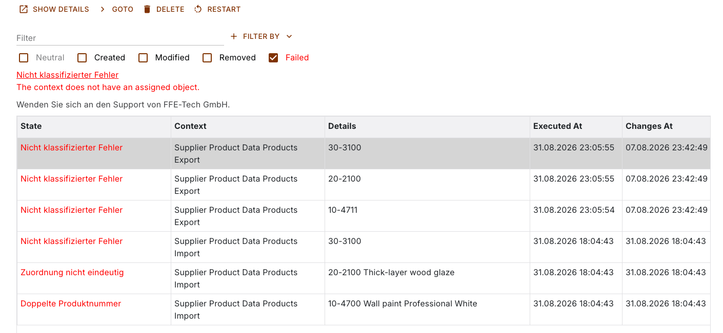 Traces with the toolbar, the filter field, the five state filters, the selected row's error message and the list