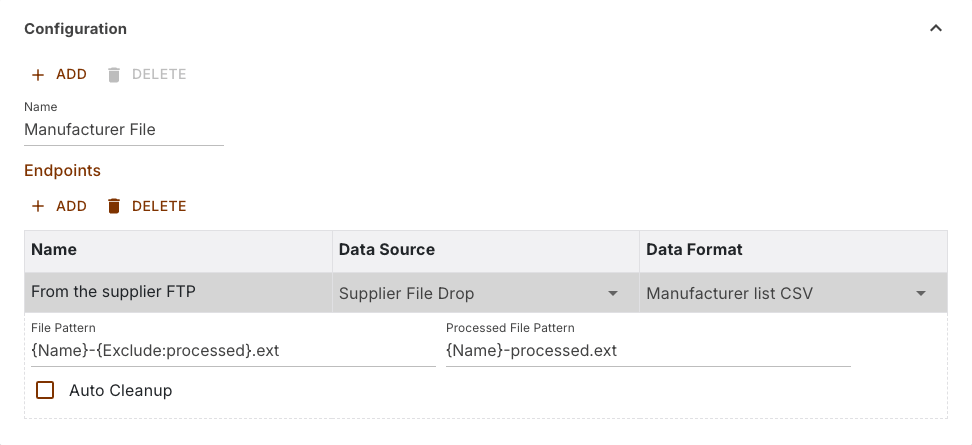 Configuration section of a task with one endpoint and the expanded fields of the FTP data source