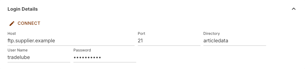 Login details of an FTP data source with the Connect button and five fields