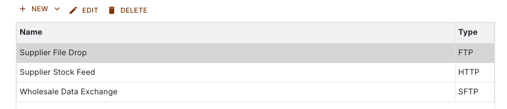 Data source list with the toolbar and the selected row Supplier File Drop