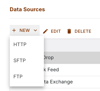 The open New menu with the entries HTTP, SFTP and FTP