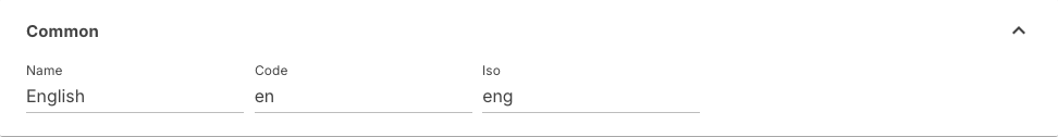 Common section of a language with name, code and Iso