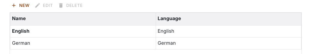Localization list with name and language, the default localization in bold