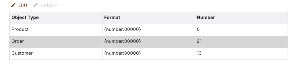 Number range list with the buttons Edit and Unlock and the selected row Order