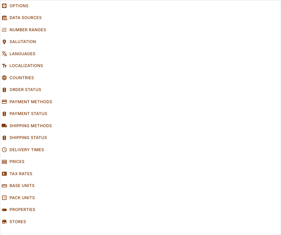 The settings page with its buttons, from Options through to Stores