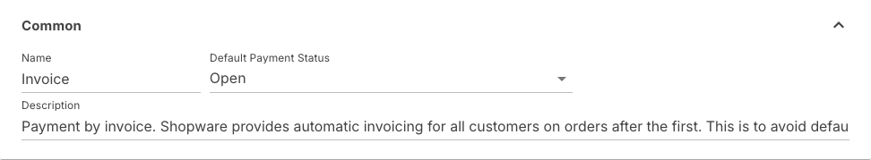 Common section of the payment method invoice with the default payment status Open