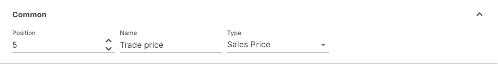 Common section of a price group with position, name and type