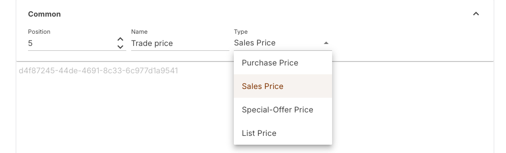 Opened selection list of the Type field showing the four price types
