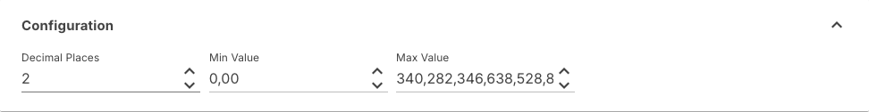 Configuration section of a float property with decimal places, minimum and maximum value