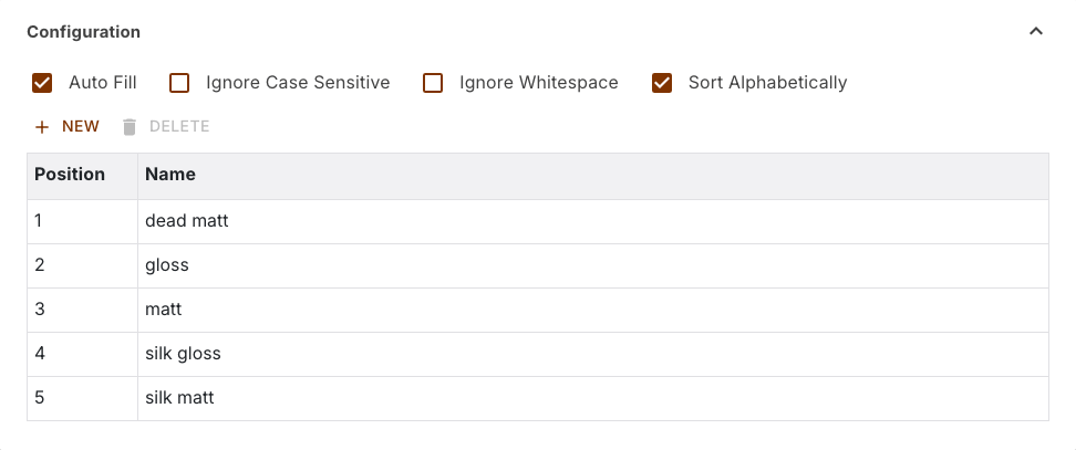 Configuration section of the property Gloss level with four checkboxes and the alphabetically ordered option list from dead matt to silk matt