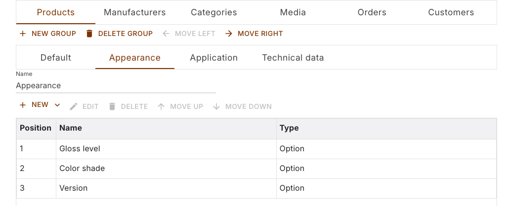 Properties of the products with the object tabs, the group tabs and the list of the Appearance group