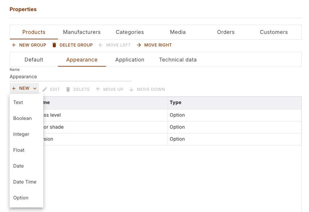 Opened menu of the New button with the seven types from text to option