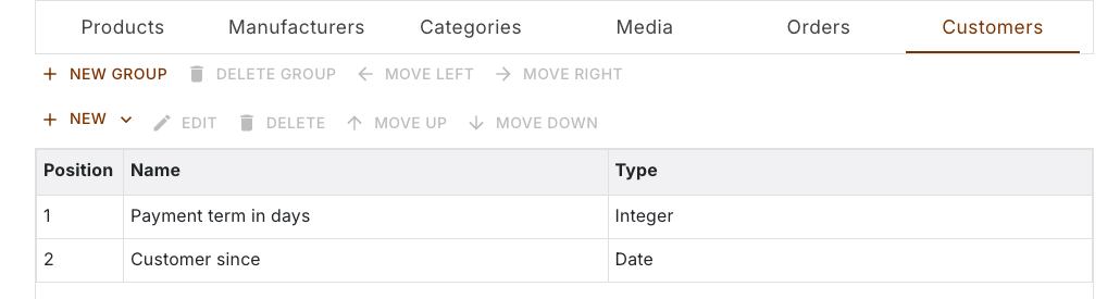 Properties of the customers without group tabs, the list sits directly below the toolbar