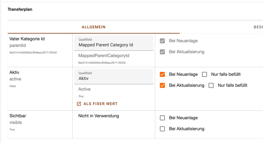Register Allgemein im Transferplan der Kategorien mit den Feldern Aktiv und Sichtbar