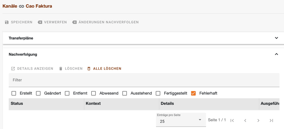 Bereich Nachverfolgung im Kanal Cao Faktura mit Filter und der Schaltfläche Alle Löschen