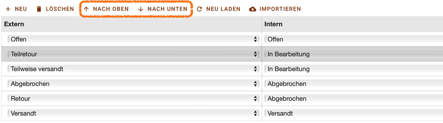 Zuordnung der Zahlungsstatus mit doppelten Einträgen und den Schaltflächen Nach Oben und Nach Unten