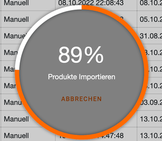 Fortschrittsanzeige Produkte Importieren bei 89 Prozent mit der Schaltfläche Abbrechen