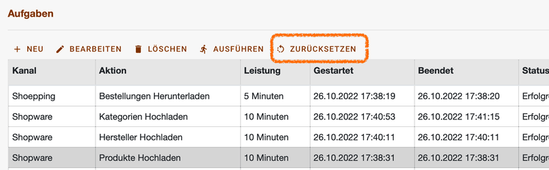 Aufgabenliste mit der hervorgehobenen Schaltfläche Zurücksetzen über der Tabelle