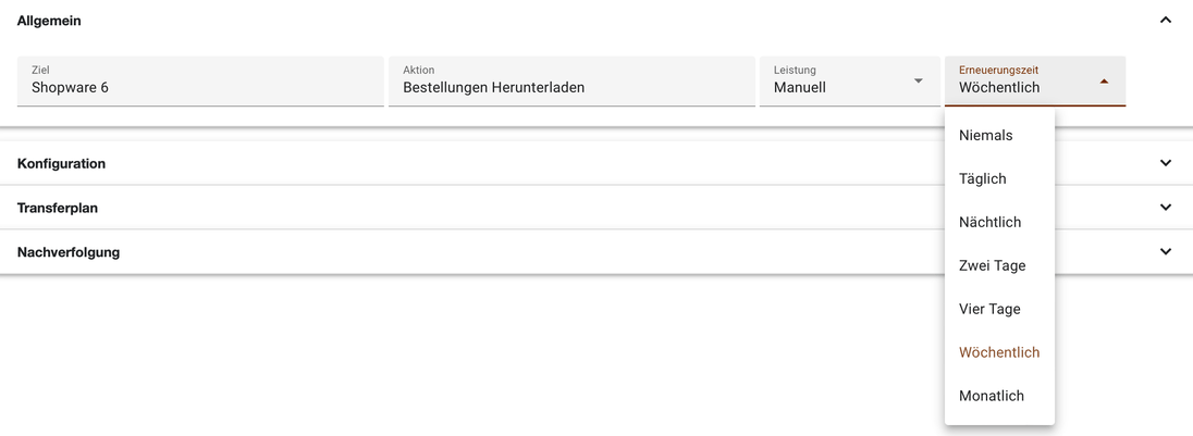 Bereich Allgemein einer Aufgabe mit dem geöffneten Auswahlfeld Erneuerungszeit von Niemals bis Monatlich