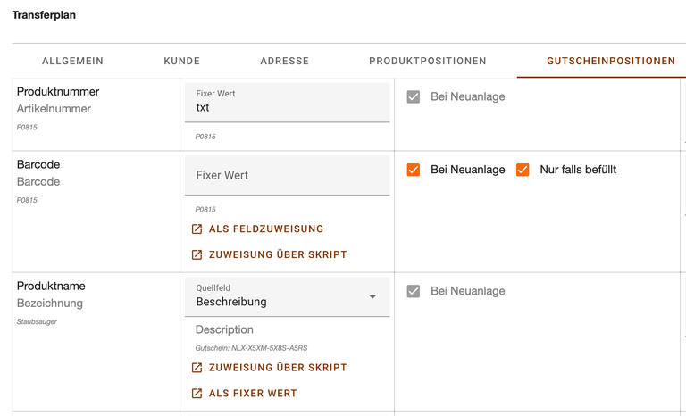 Register Gutscheinpositionen im Transferplan mit der festen Produktnummer für Gutscheine