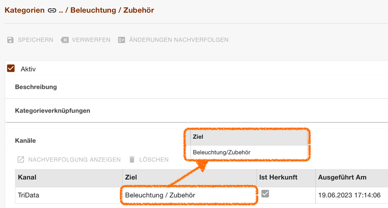 Kanäle einer Kategorie mit dem Zielwert Beleuchtung/Zubehör ohne Leerzeichen um den Schrägstrich